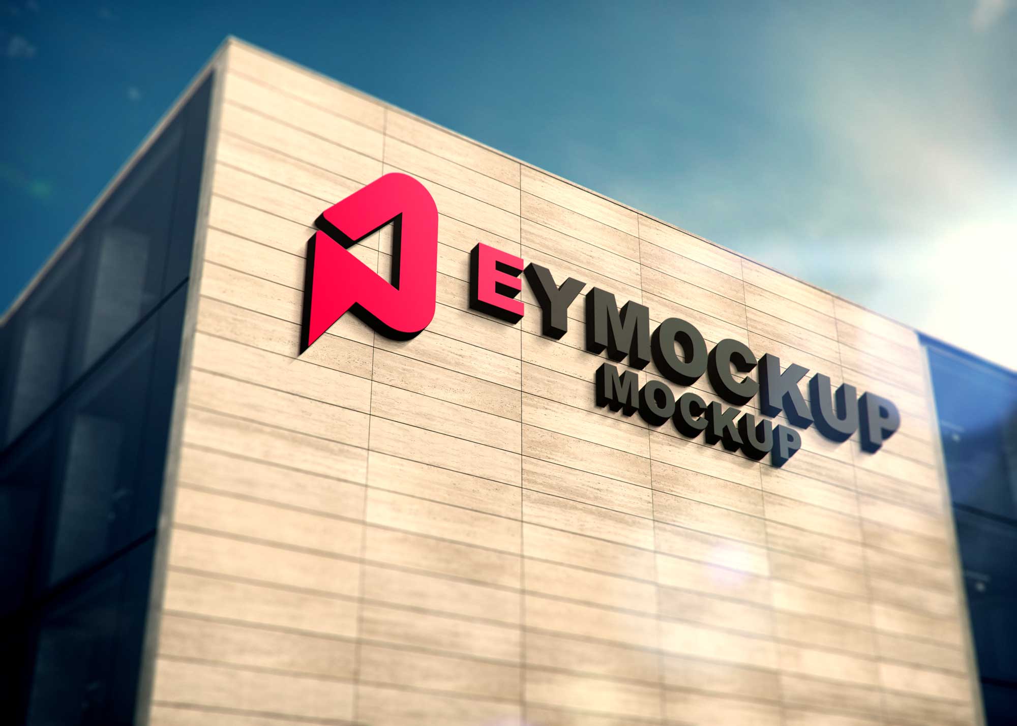A modern building exterior features a prominent red logo and bold black text spelling "EYMOCKUP" against a light wood ba