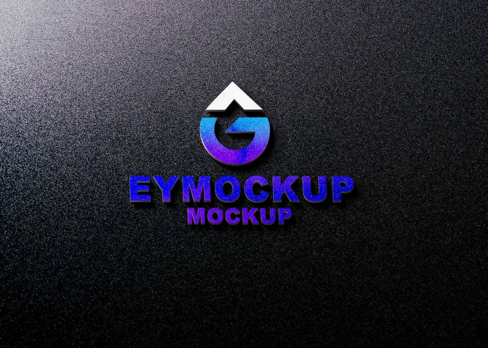 A glossy black background showcases a vibrant 3D logo with blue and purple gradients and the text "EYMOCKUP MOCKUP.