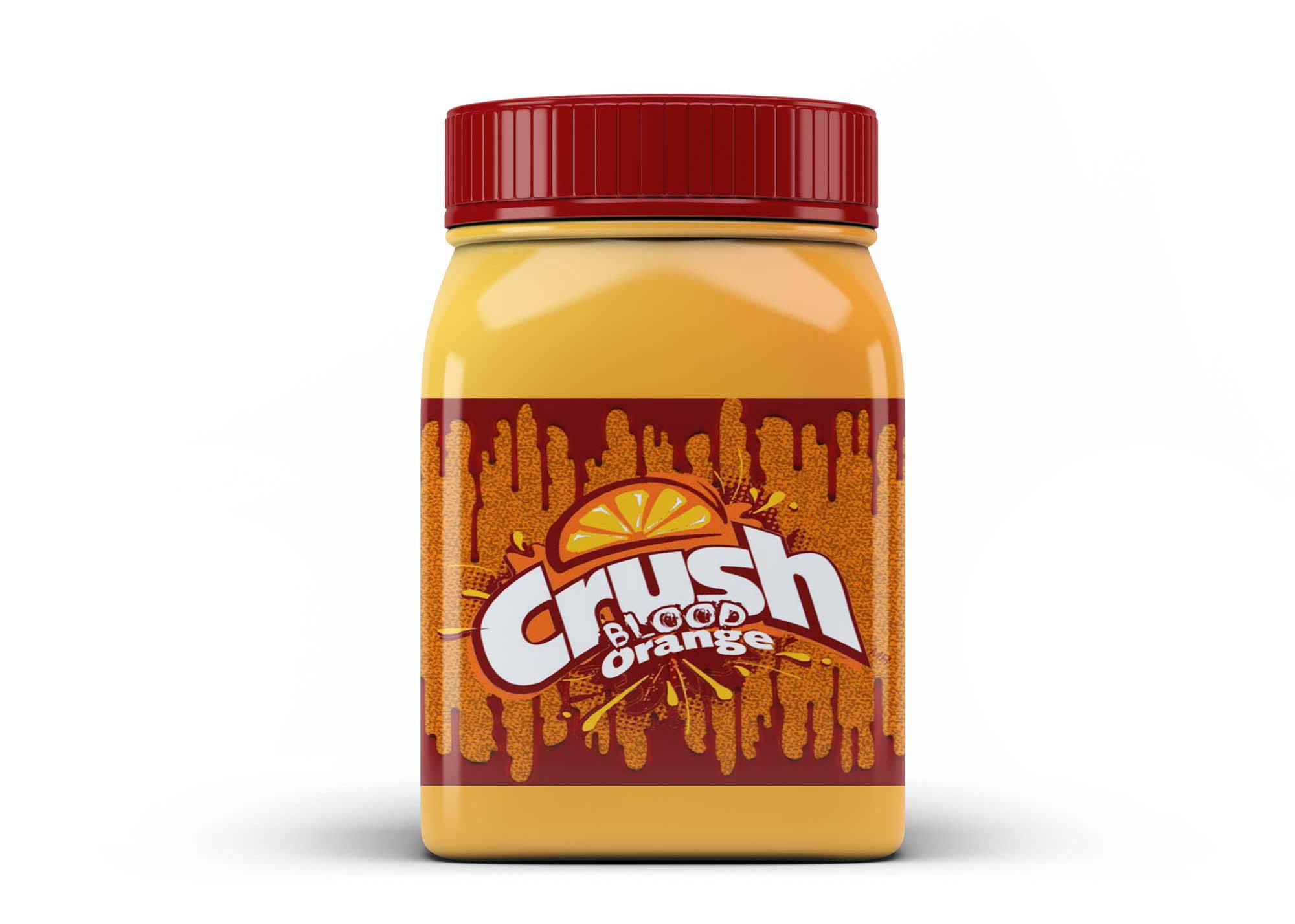 A yellow jar with a red lid features a vibrant label for Crush Blood Orange soda, showcasing an orange slice graphic.