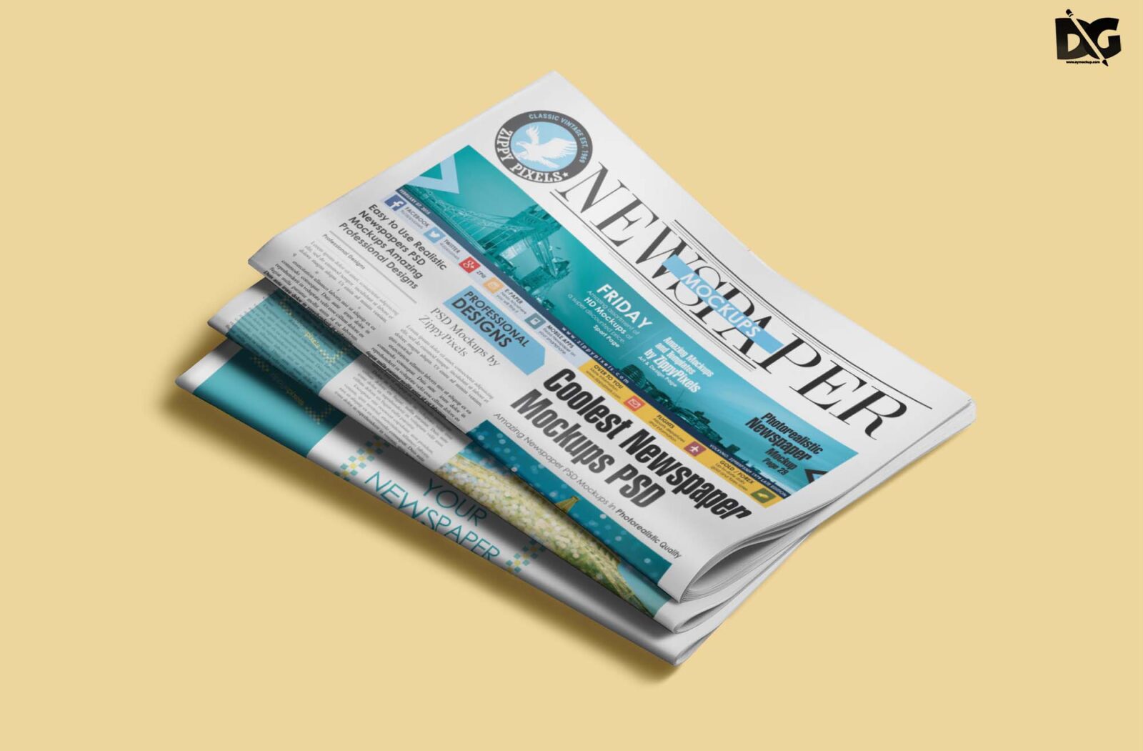 A folded newspaper mockup featuring a colorful design with headlines and images against a light yellow background.