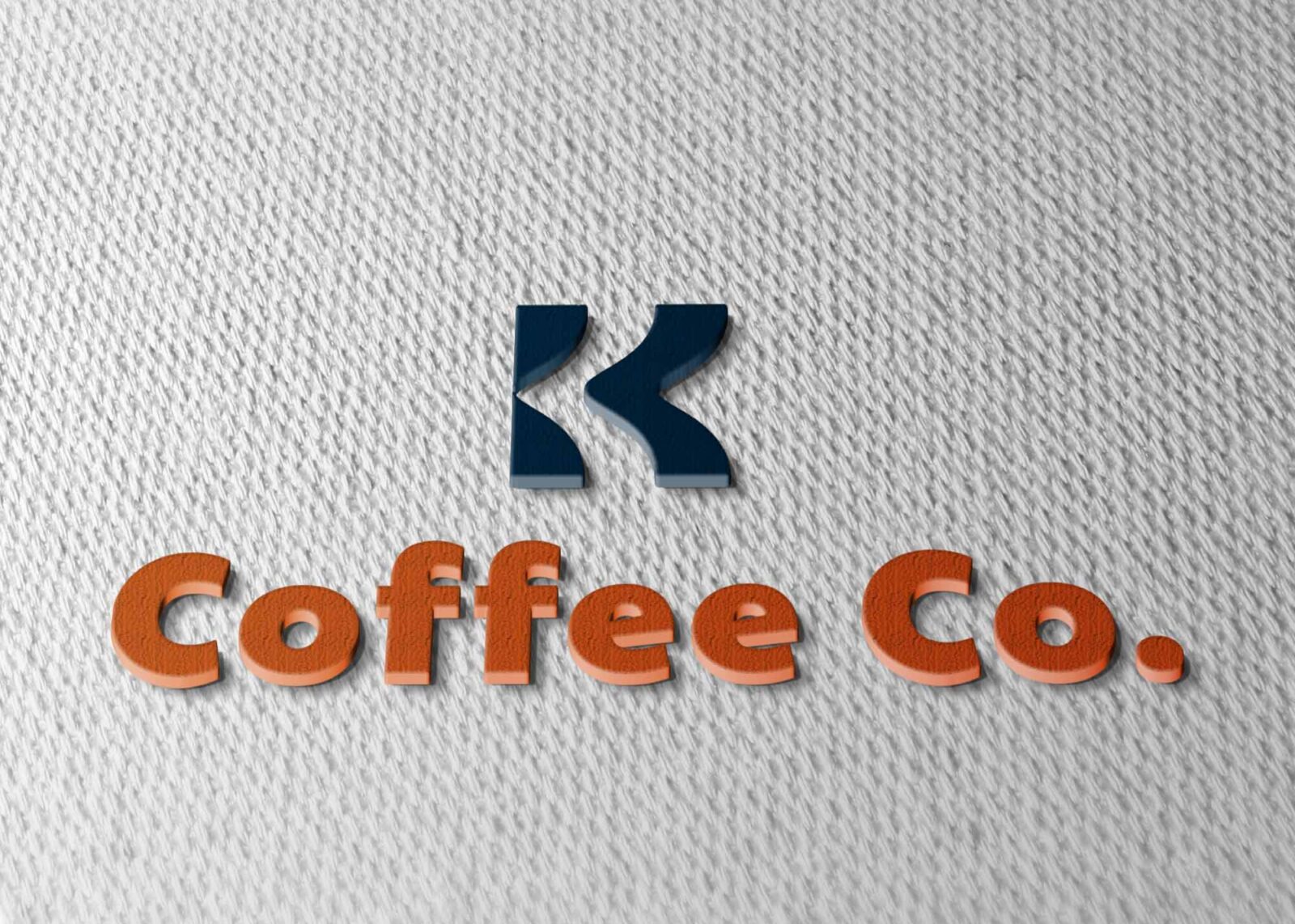 A textured white background features a dark blue "K" and orange "Coffee Co." in a modern, embossed style.
