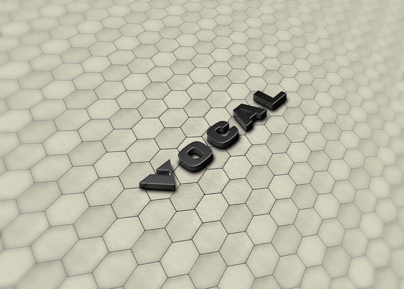 Black 3D letters spelling "VOCAL" are placed on a textured, light-colored hexagonal tile background.