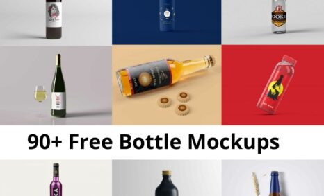 A collage of various bottle mockups, including wine, beer, and spirits, displayed on colorful backgrounds.
