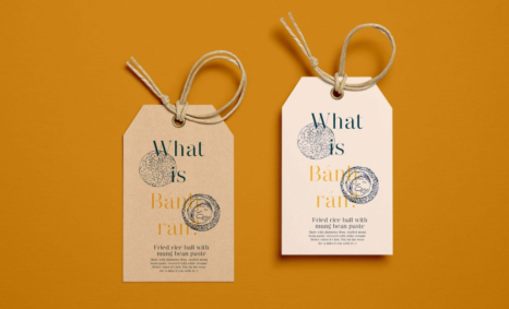 Two food tags on an orange background, one beige and one white, both describing a fried rice ball with mung bean paste.