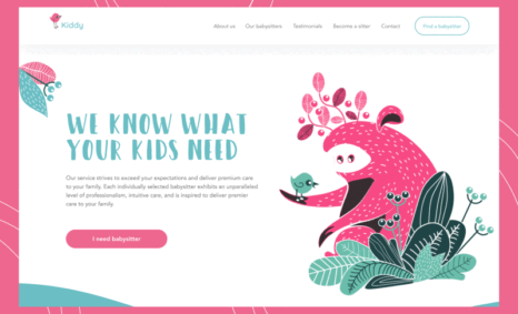A colorful website design featuring a friendly creature surrounded by plants, promoting a babysitting service.