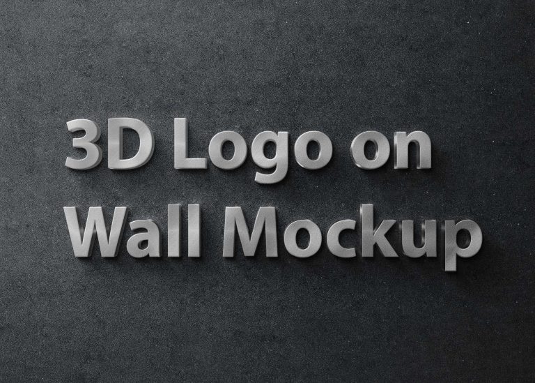 A three-dimensional gray logo is displayed on a textured dark wall mockup, emphasizing its depth and design.