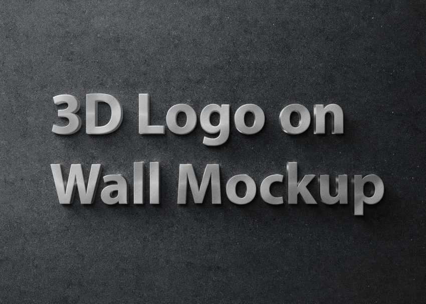 A three-dimensional gray logo is displayed on a textured dark wall mockup, emphasizing its depth and design.