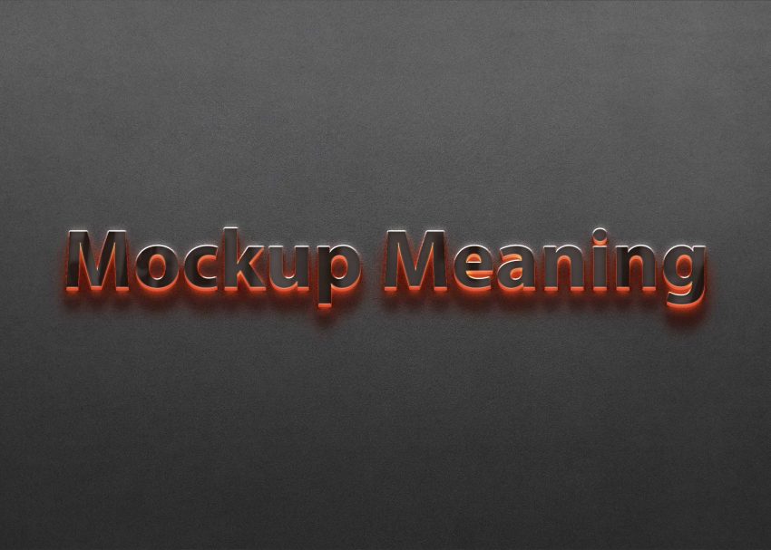 Bold, glossy text reading "Mockup Meaning" in red and black against a textured dark background.