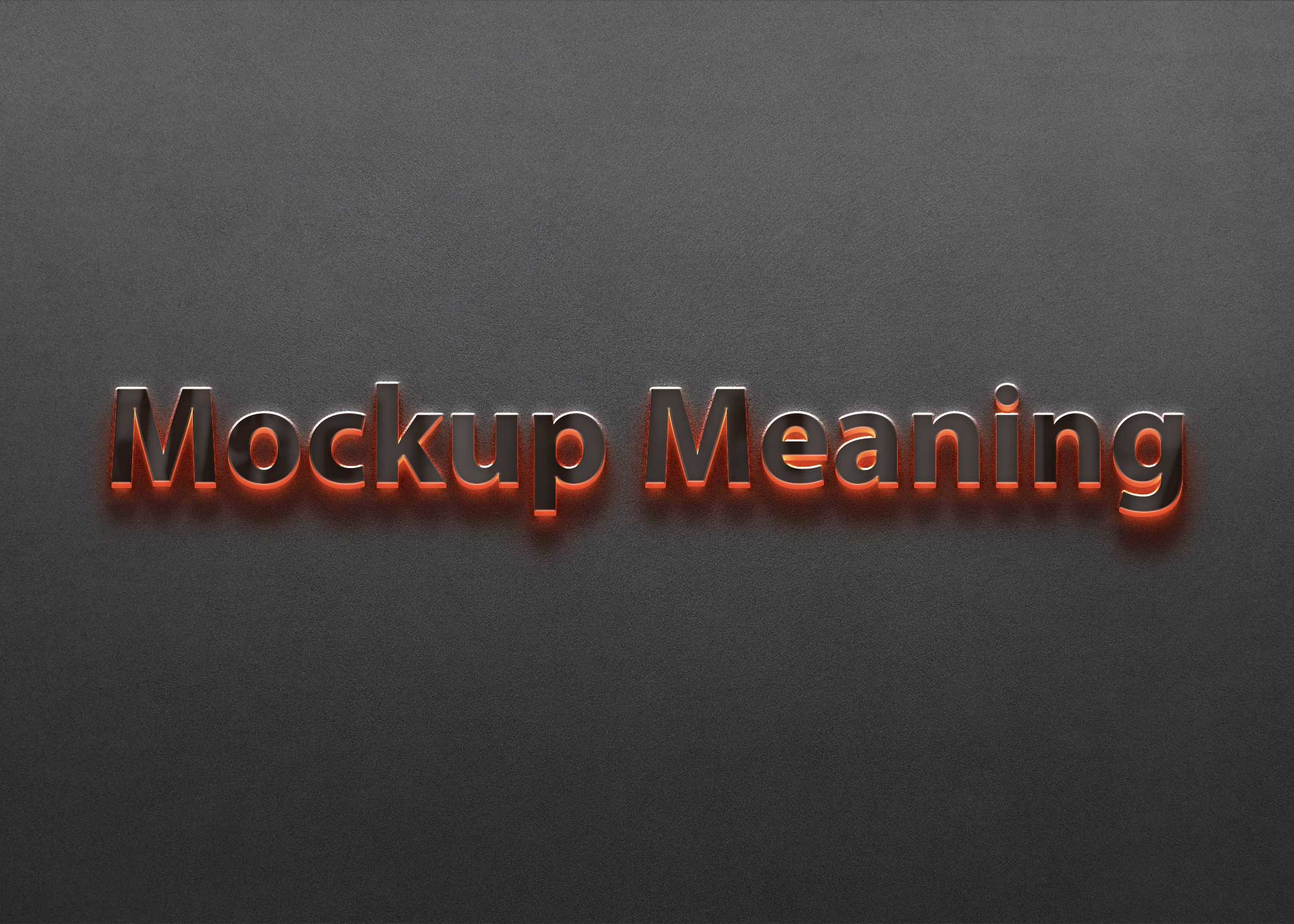Bold, glossy text reading "Mockup Meaning" in red and black against a textured dark background.