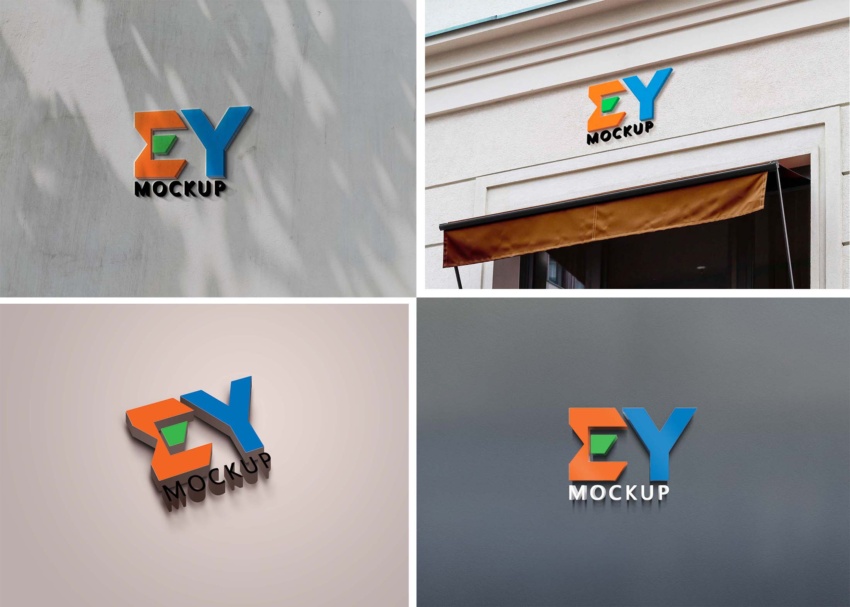 Colorful 3D logo mockups in various settings, including a storefront and textured backgrounds.