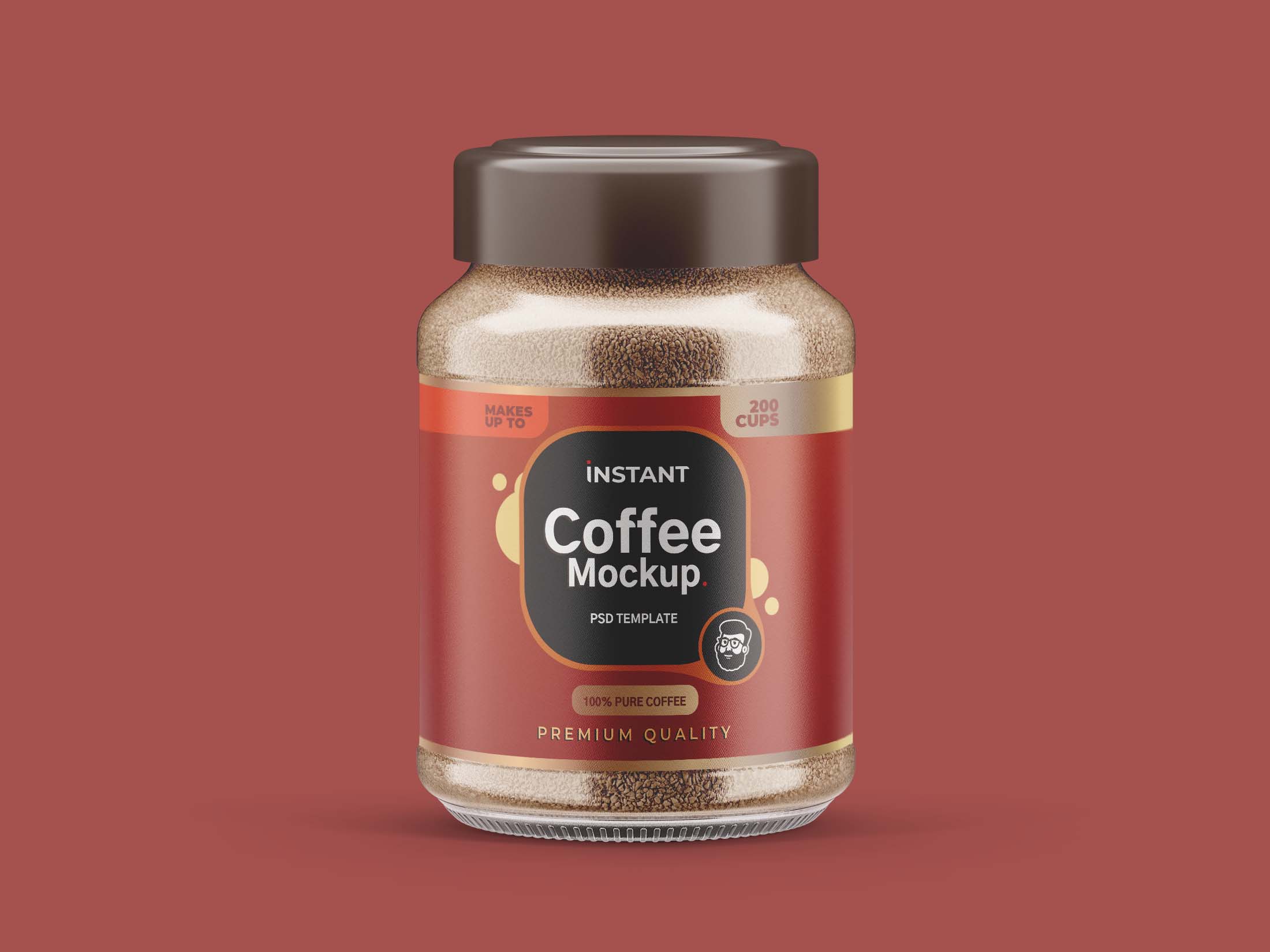 A clear glass jar filled with instant coffee granules, featuring a black label that reads "Instant Coffee Mockup.