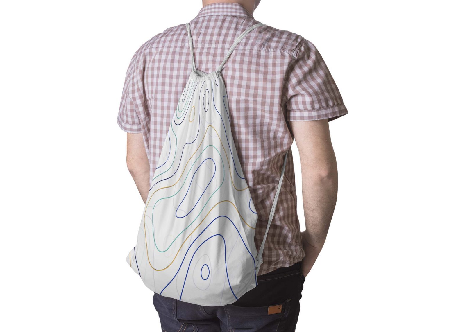 A person wearing a checkered shirt carries a drawstring bag with colorful contour lines on a white background.
