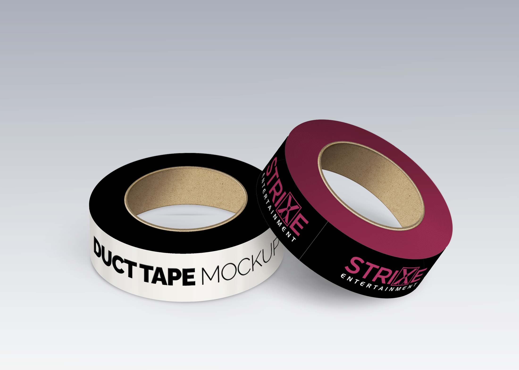 Two rolls of duct tape, one black with white text and one maroon with pink text, displayed against a gradient background