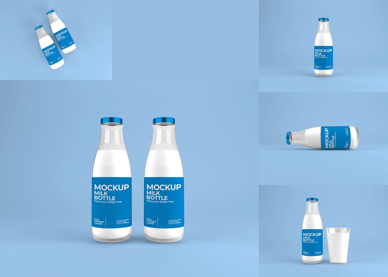 Two glass milk bottles with blue labels are displayed against a light blue background, showcasing various angles.