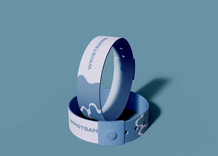 A blue and white rubber wristband mockup displays a wave design and the word "WRISTBAND" on a solid background.