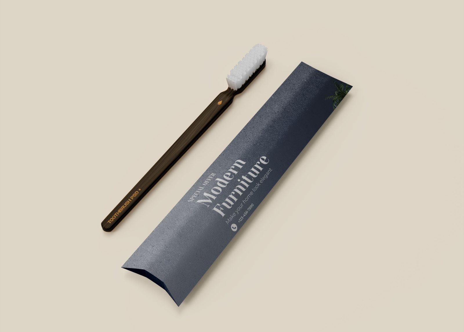 A sleek black toothbrush rests beside a modern, dark packaging design featuring elegant text on a light background.