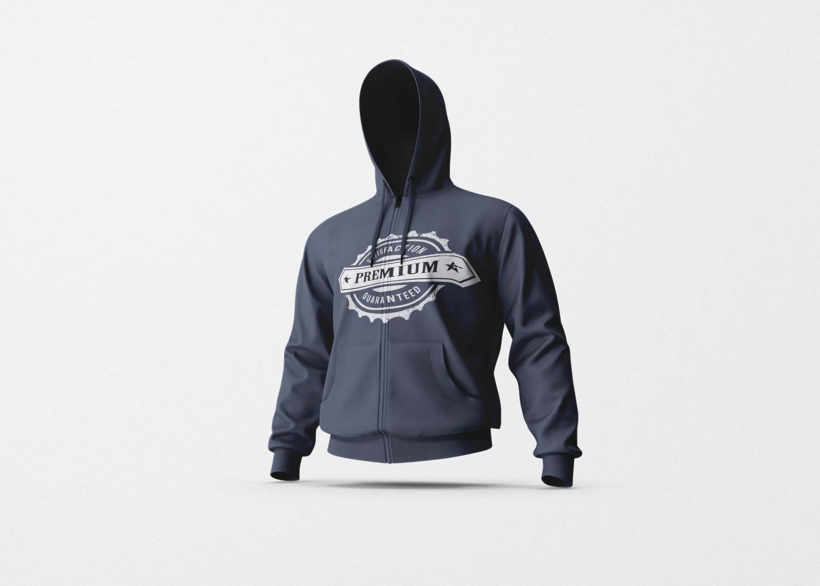 A navy blue zip-up hoodie with a circular "Premium" logo displayed prominently on the front.