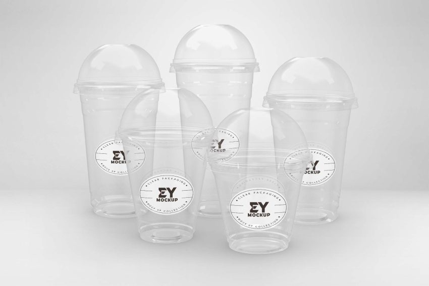 Five clear plastic cups with lids, featuring a circular label, arranged on a light gray background.