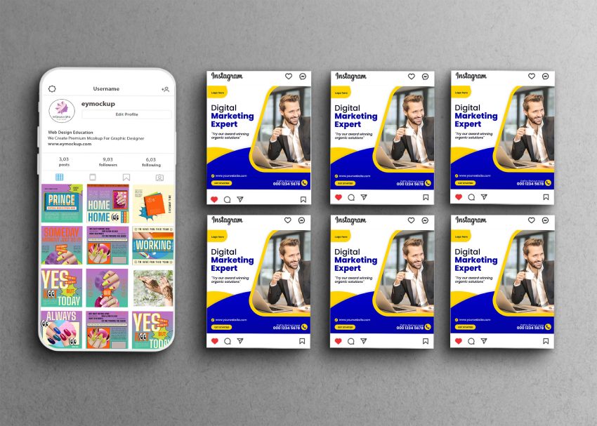 A smartphone displays an Instagram profile alongside six mockup posts featuring a smiling man and bold marketing text.