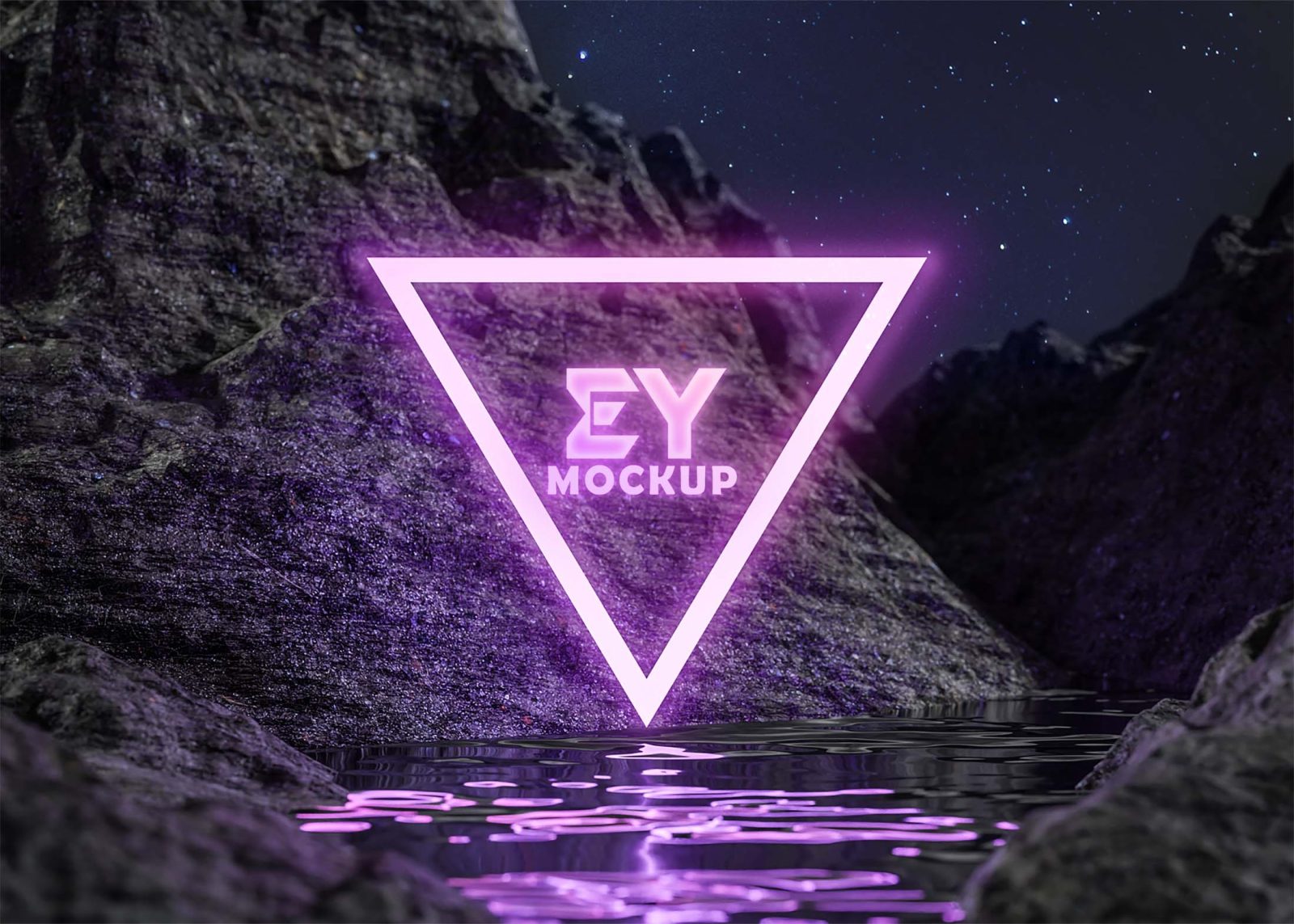 A glowing pink triangular logo with "EY MOCKUP" is reflected in dark water surrounded by rocky terrain under a starry sk