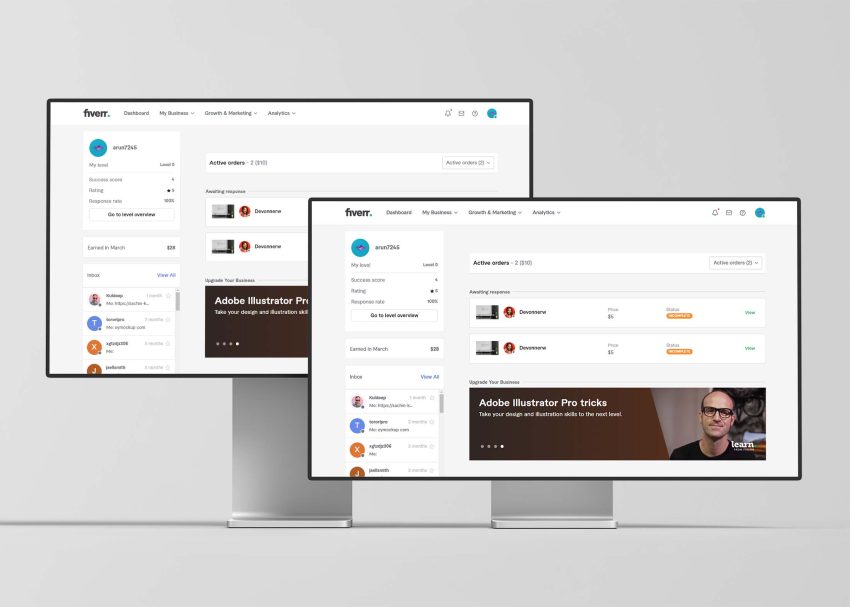 Two desktop monitors display a user interface for a Fiverr profile, showcasing services and user interactions.