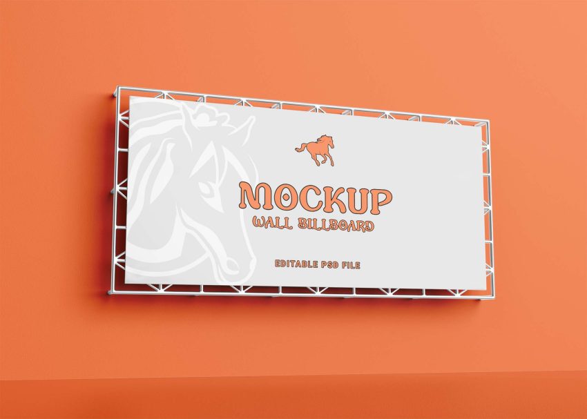 A white wall billboard mockup with orange text and a horse graphic against a vibrant orange background.