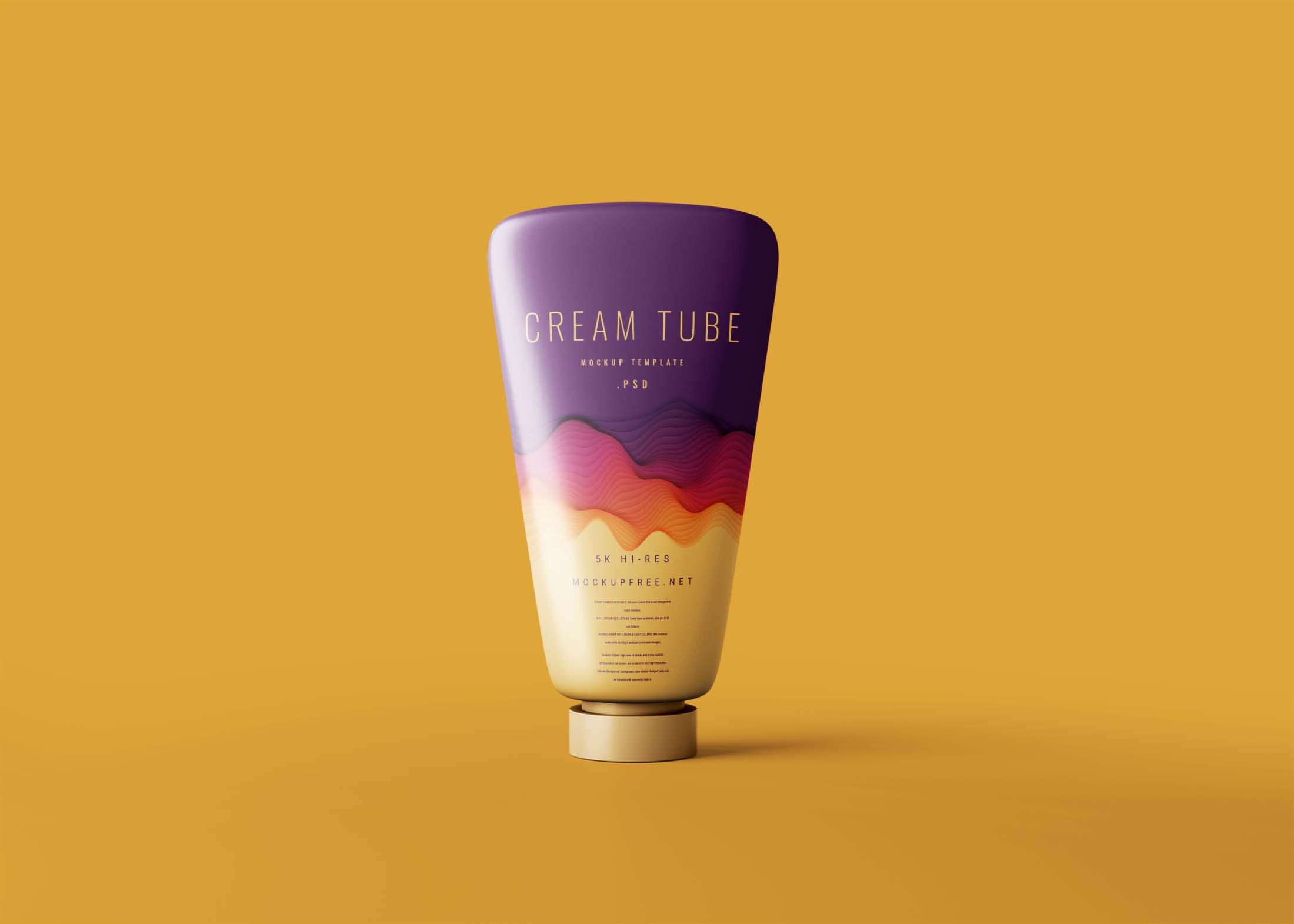 A cream tube mockup with a gradient purple and orange design against a bright yellow background.
