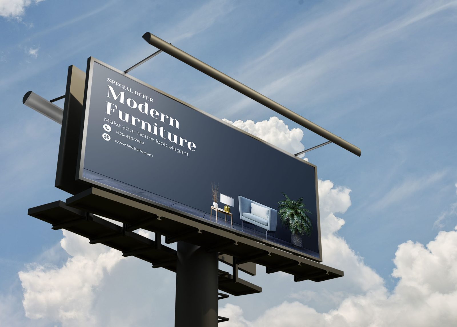 A large outdoor billboard displays a modern furniture advertisement featuring a stylish chair and plant against a blue s