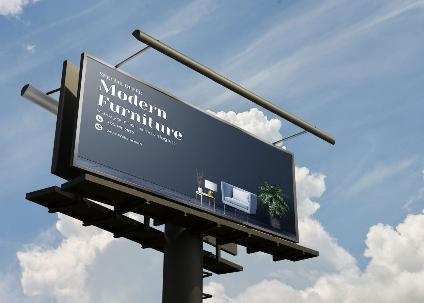 A large outdoor billboard displays a modern furniture advertisement featuring a stylish chair and plant against a blue s