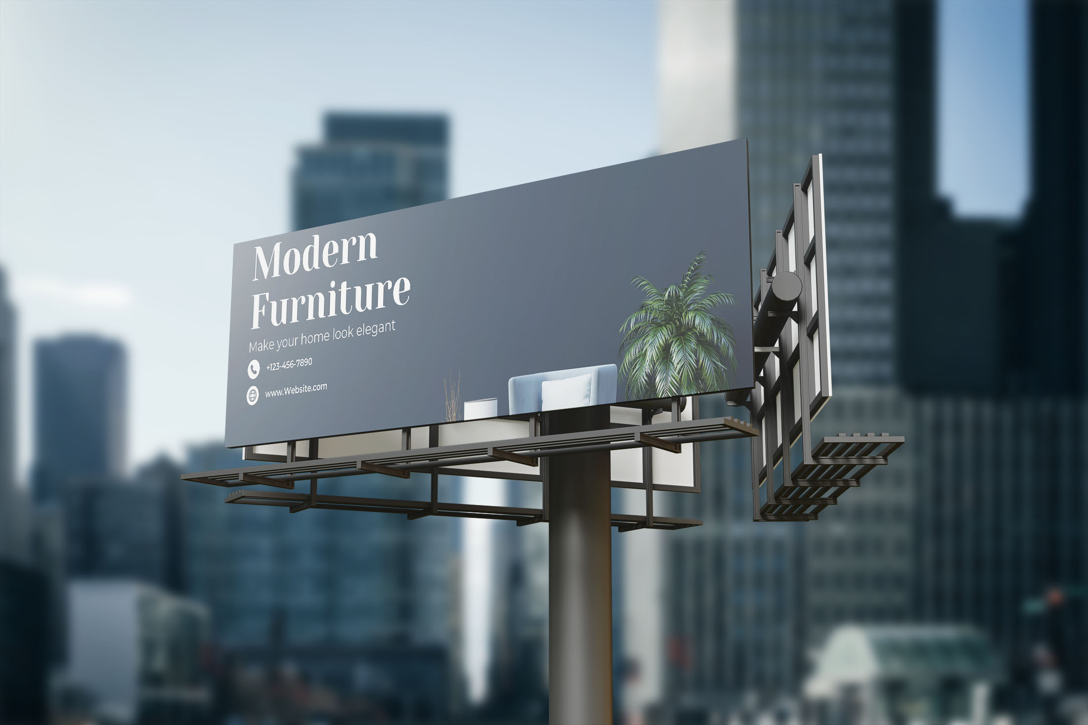 A large billboard displays a modern furniture advertisement featuring a sleek chair and a palm plant against a city back