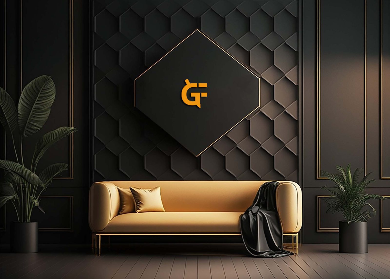 A stylish modern office features a beige sofa with cushions, a dark geometric wall, and potted plants in the background.