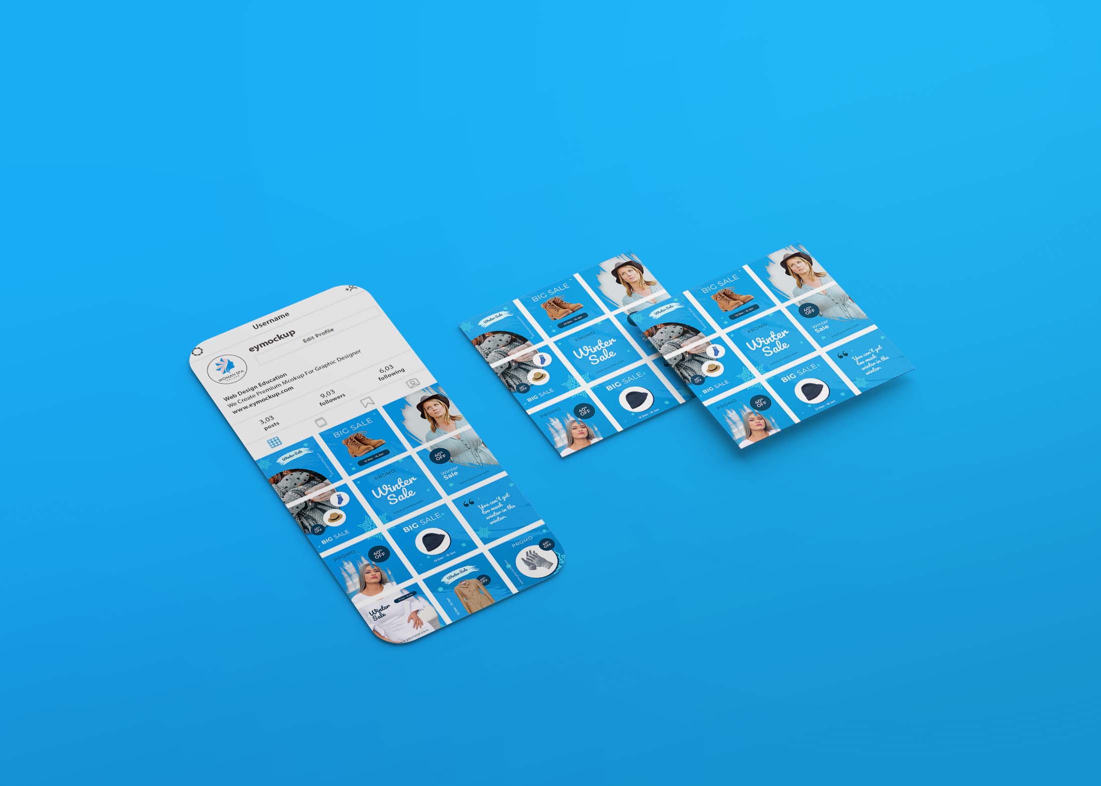 A smartphone mockup displays a vibrant blue social media profile alongside three matching post designs.