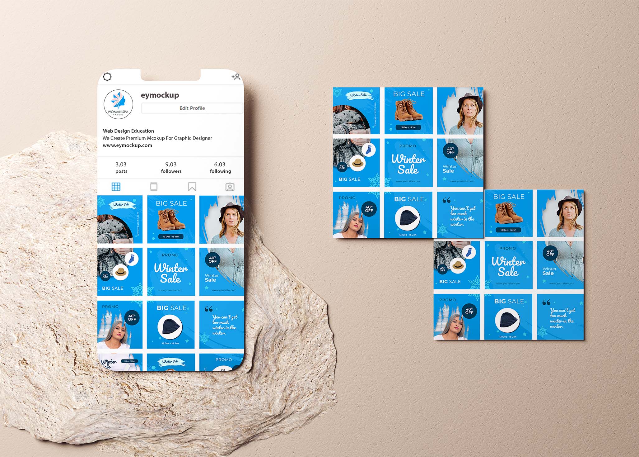 A smartphone displays a vibrant blue Instagram mockup featuring promotional posts for a big sale on various products.