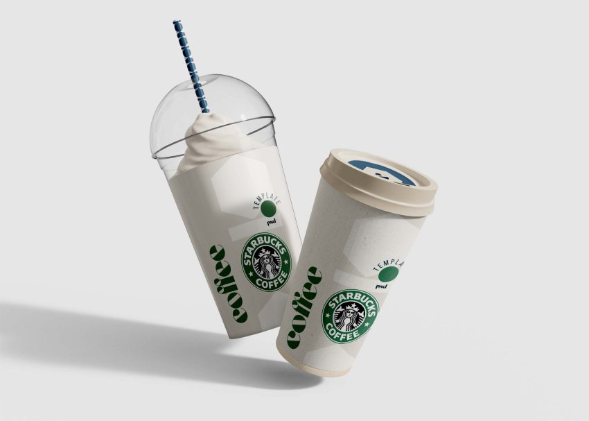 A clear plastic cup with a straw and a paper coffee cup, both branded with the Starbucks logo, are displayed against a l