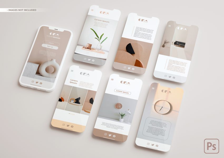 A collection of smartphone mockups displaying minimalist app designs in soft beige and white tones, featuring various la