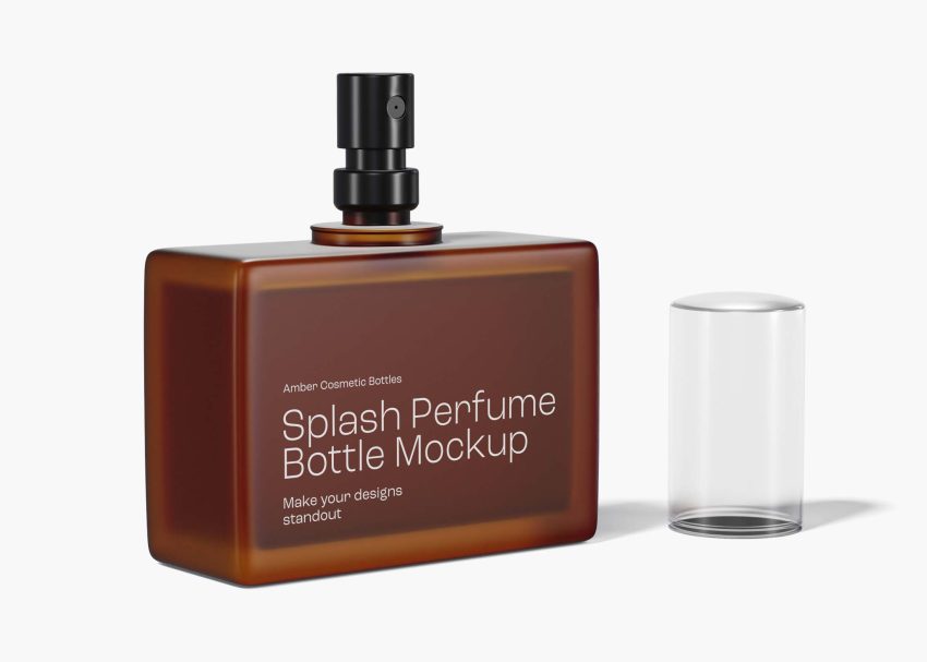 A rectangular amber perfume bottle with a black spray nozzle, accompanied by a clear cap, showcasing a sleek mockup desi