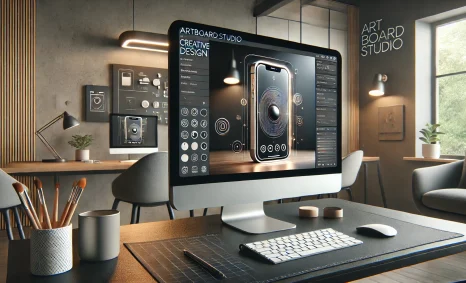 A modern workspace features a large computer displaying design software, surrounded by stylish decor and plants.