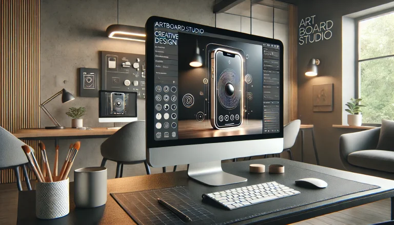 A modern workspace features a large computer displaying design software, surrounded by stylish decor and plants.