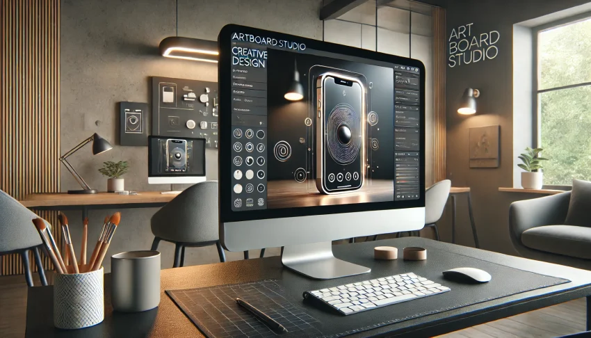 A modern workspace features a large computer displaying design software, surrounded by stylish decor and plants.