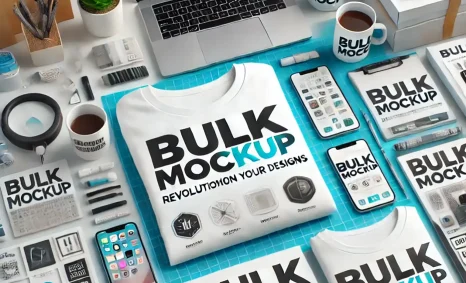A flat lay displays a white t-shirt with "BULK MOCKUP" text, surrounded by design tools, coffee cups, and digital device