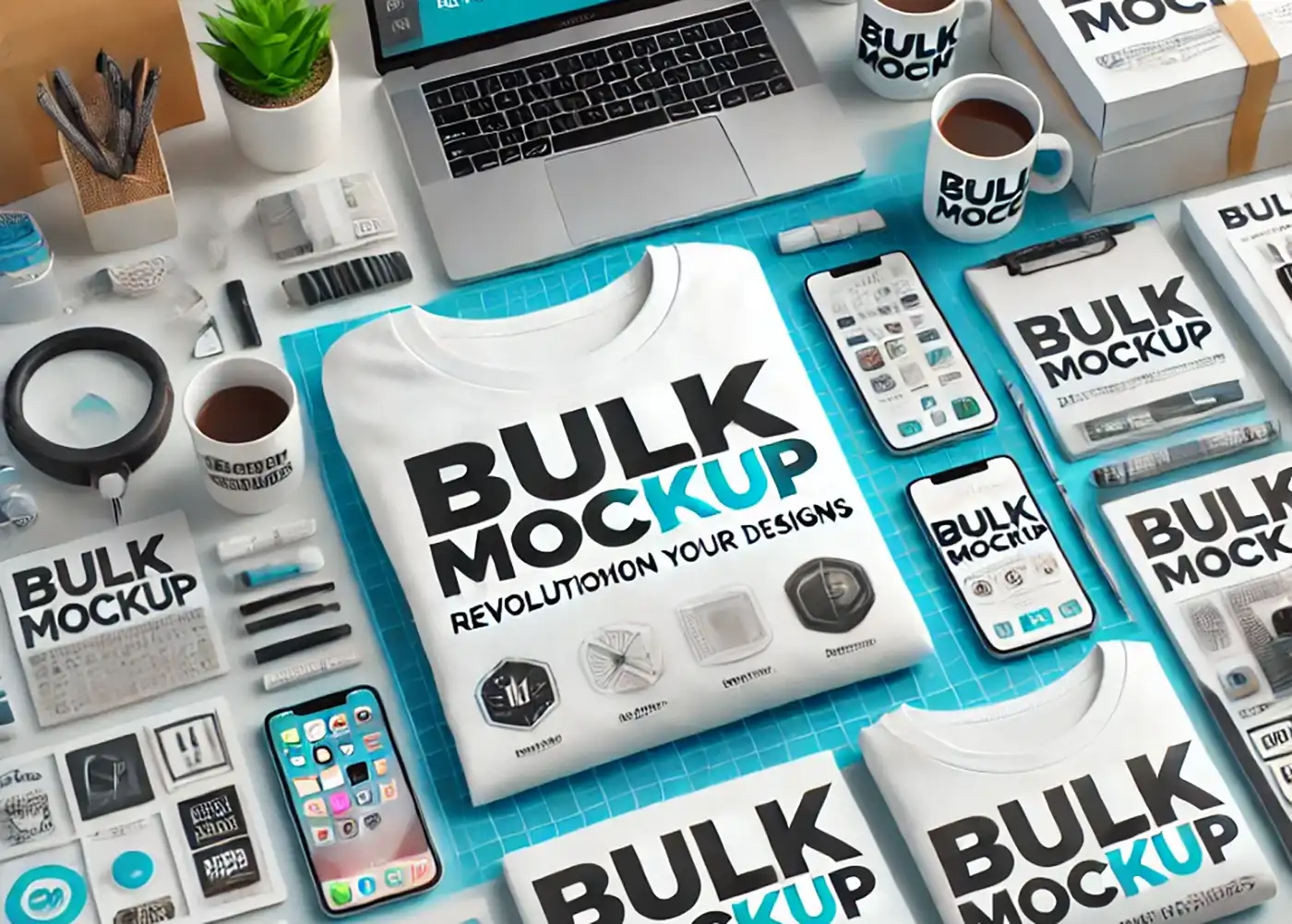 A flat lay displays a white t-shirt with "BULK MOCKUP" text, surrounded by design tools, coffee cups, and digital device
