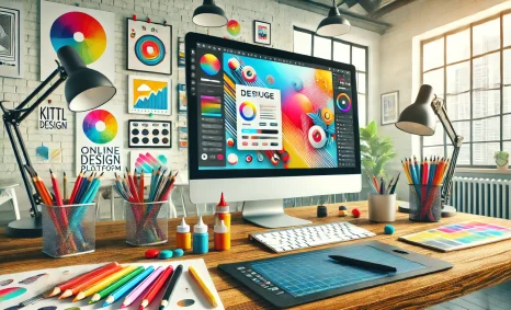 A modern workspace features a large computer displaying vibrant design software, surrounded by colorful art supplies and