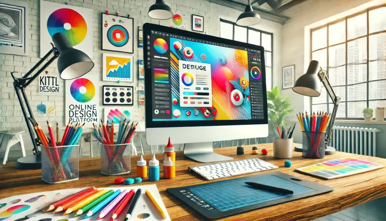 A modern workspace features a large computer displaying vibrant design software, surrounded by colorful art supplies and