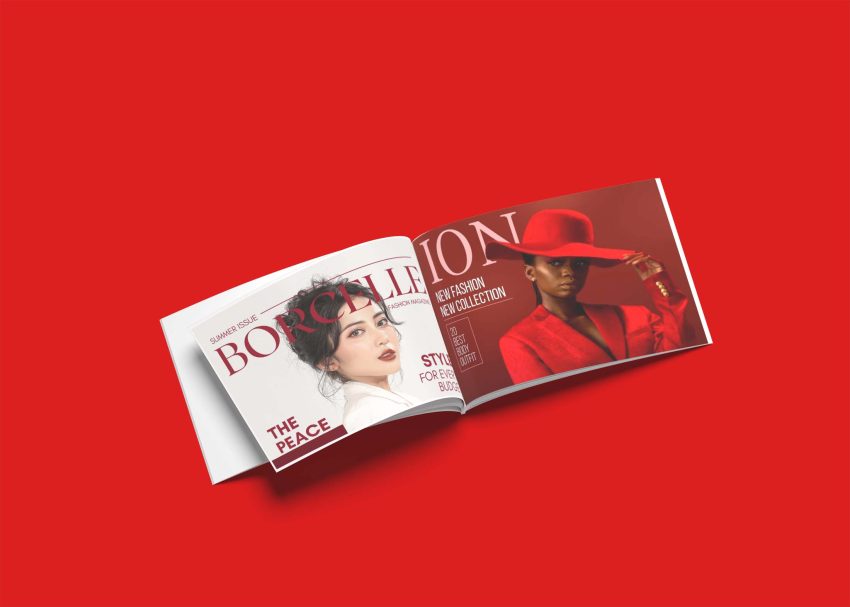 A stylish magazine mockup features a vibrant red background with two pages showcasing fashion models in striking outfits
