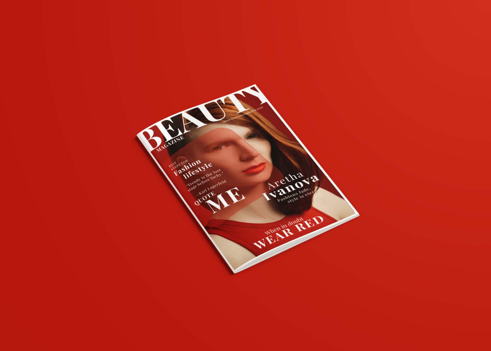 A magazine cover features a woman with red lipstick and long hair, set against a vibrant red background.