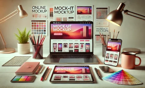A workspace featuring a laptop, tablet, and smartphone displaying a mockup website, surrounded by stationery and color s