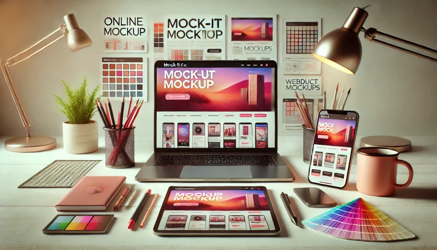 A workspace featuring a laptop, tablet, and smartphone displaying a mockup website, surrounded by stationery and color s