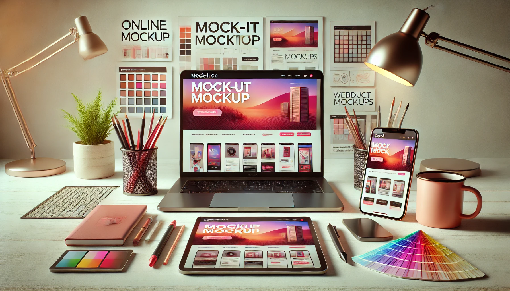 A workspace featuring a laptop, tablet, and smartphone displaying a mockup website, surrounded by stationery and color s