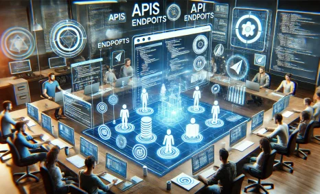 A modern workspace with multiple people at computers, surrounded by holographic displays of API endpoints and data conne
