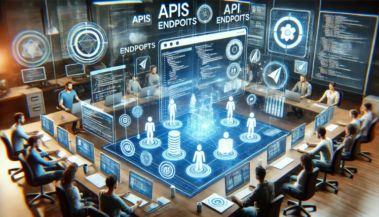 A modern workspace with multiple people at computers, surrounded by holographic displays of API endpoints and data conne